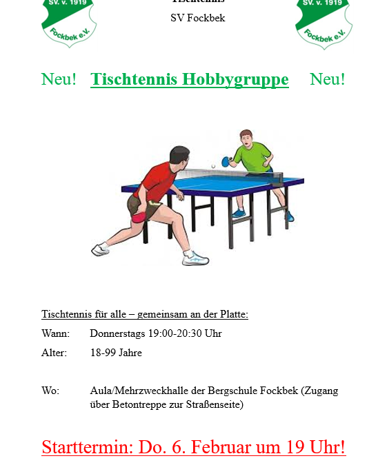 NEU im Angebot!!! Tischtennis Hobbygruppe für Erwachsene